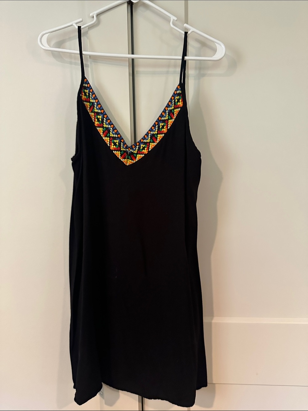Black Spaghetti-Strap Mini Dress with Multicolor Beaded V-Neck